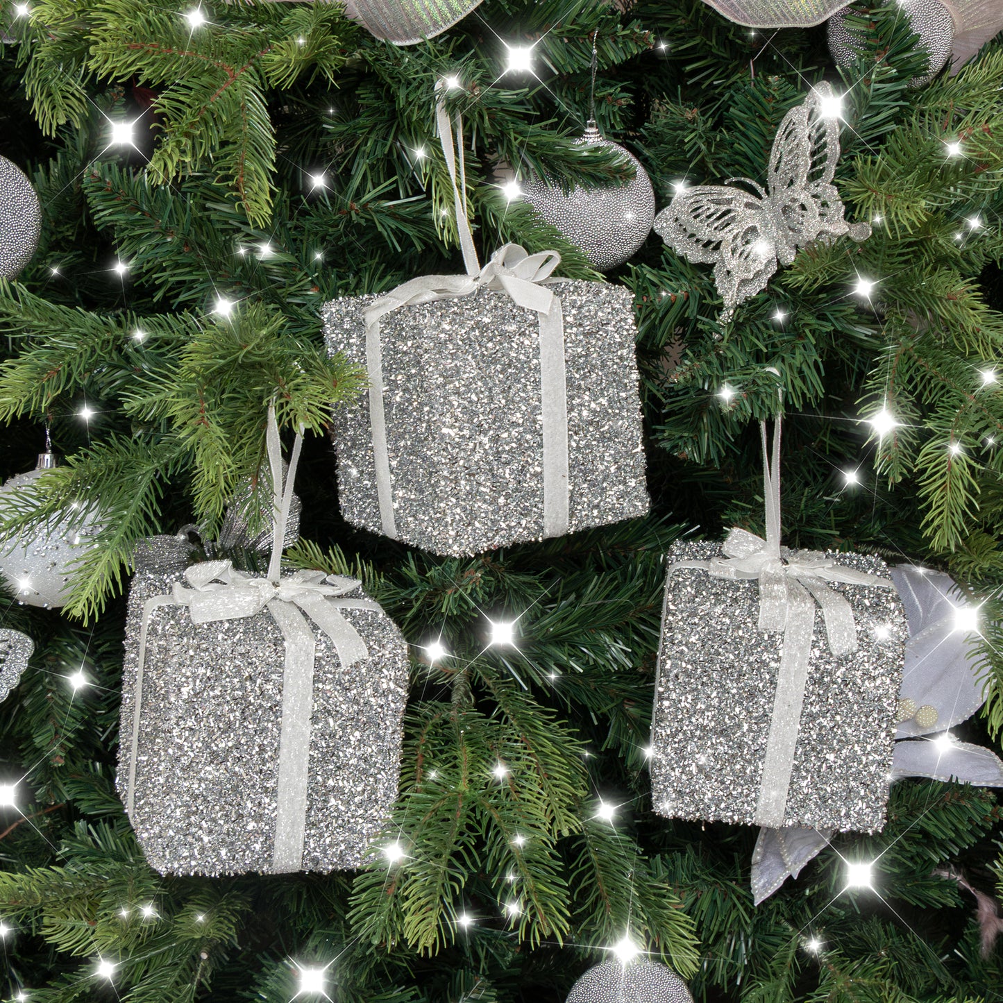 Set Of 3 Silver Tinsel & White Ribbon Christmas Present Tree Decorations