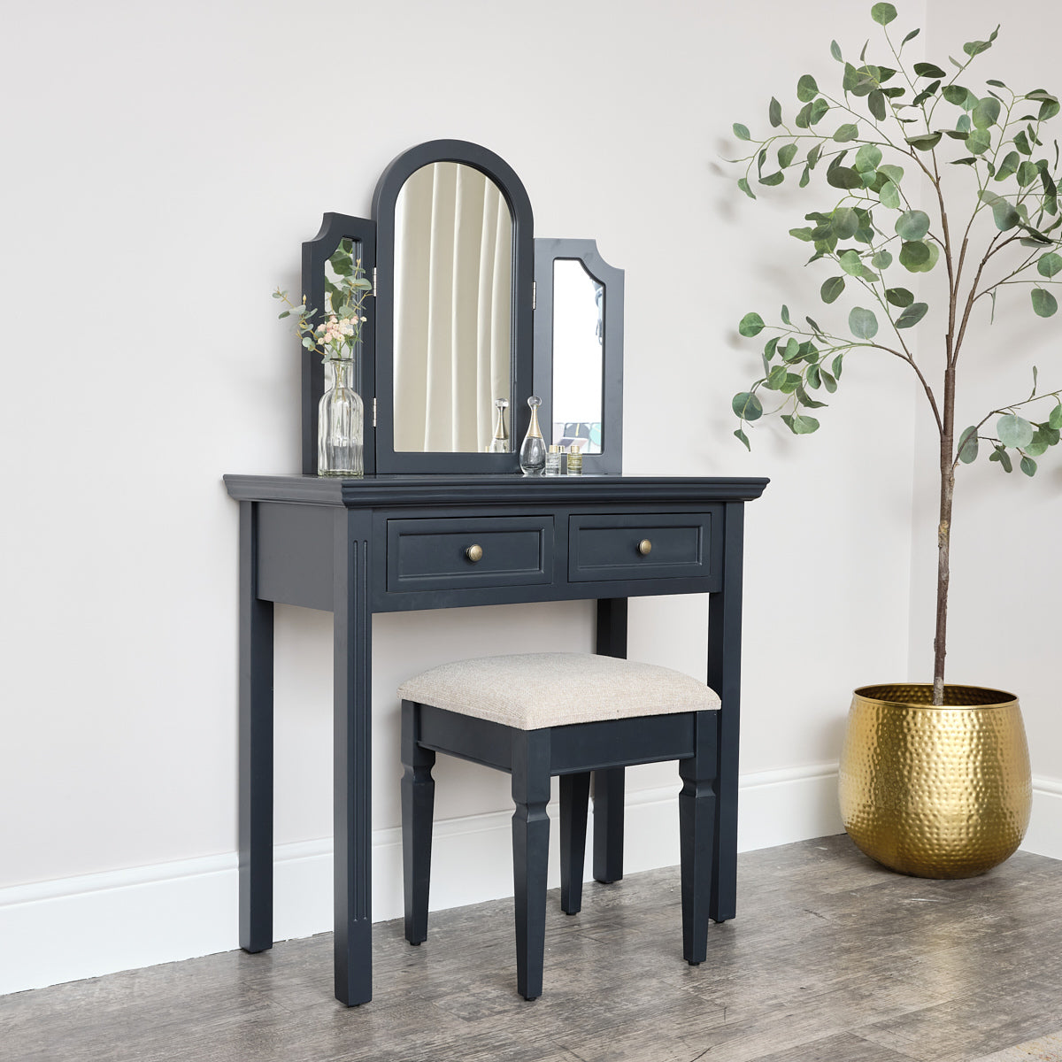 Large Dressing Table, Mirror & Stool Set - Daventry Navy Black Range