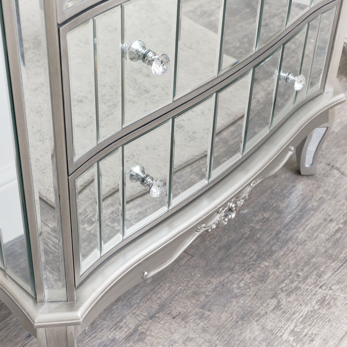 Silver Mirrored Chest of Drawers & Pair of 3 Drawer Bedside Tables - Tiffany Range