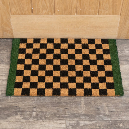 Rectangular Checkered Coir Door Mat with Solid Green Border