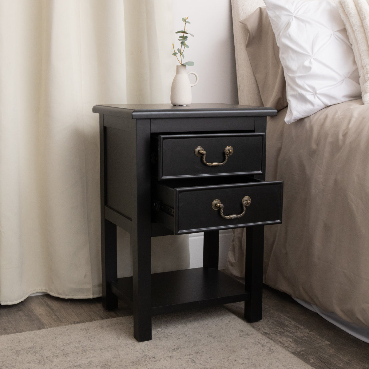 Black 2 Drawer Bedside Table with Shelf - Briggs Range