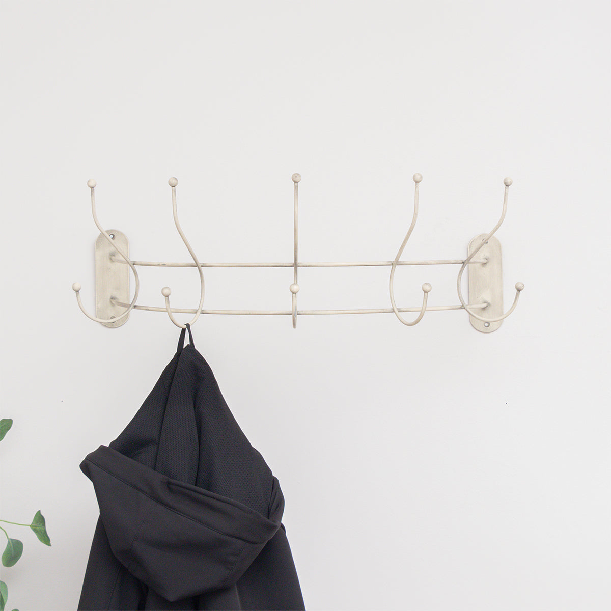 Antique Ivory Curved Coat Hanger Rail with 5 Storage Hooks - 60cm
