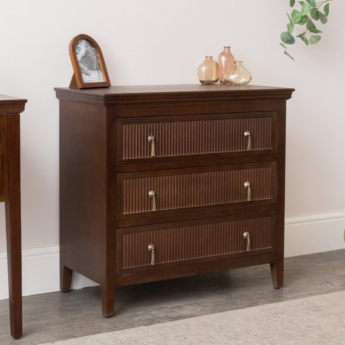 3 Drawer Wooden Reeded Chest of Drawers and Pair of 2 Drawer Bedside Tables - Georgian Range