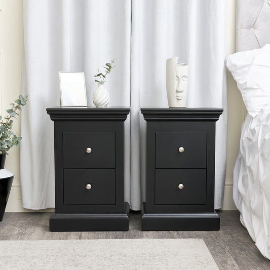  Pair of Black 2 Drawer Bedside Tables - Slimline Haxey Black Range 