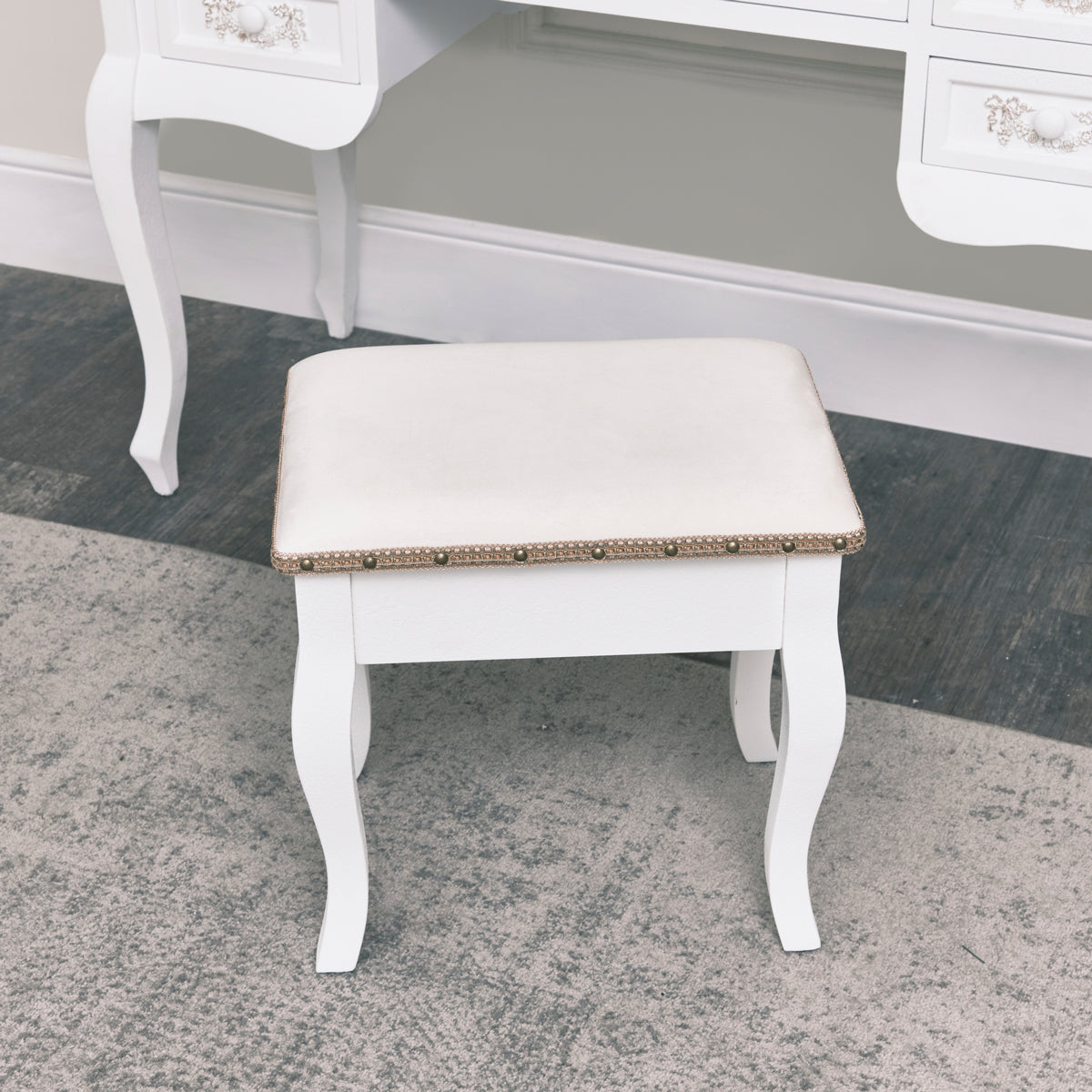 Antique White Dressing Table Desk with Triple Mirror and Stool - Pays Windsor Browne Antique White Dressing Table Desk with Triple Mirror and Stool - Pays Windsor Browne