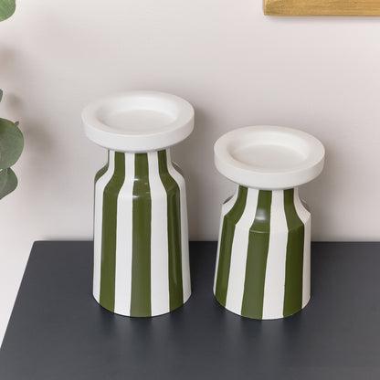 Dark Green Striped Pillar Candle Holder - 18cm