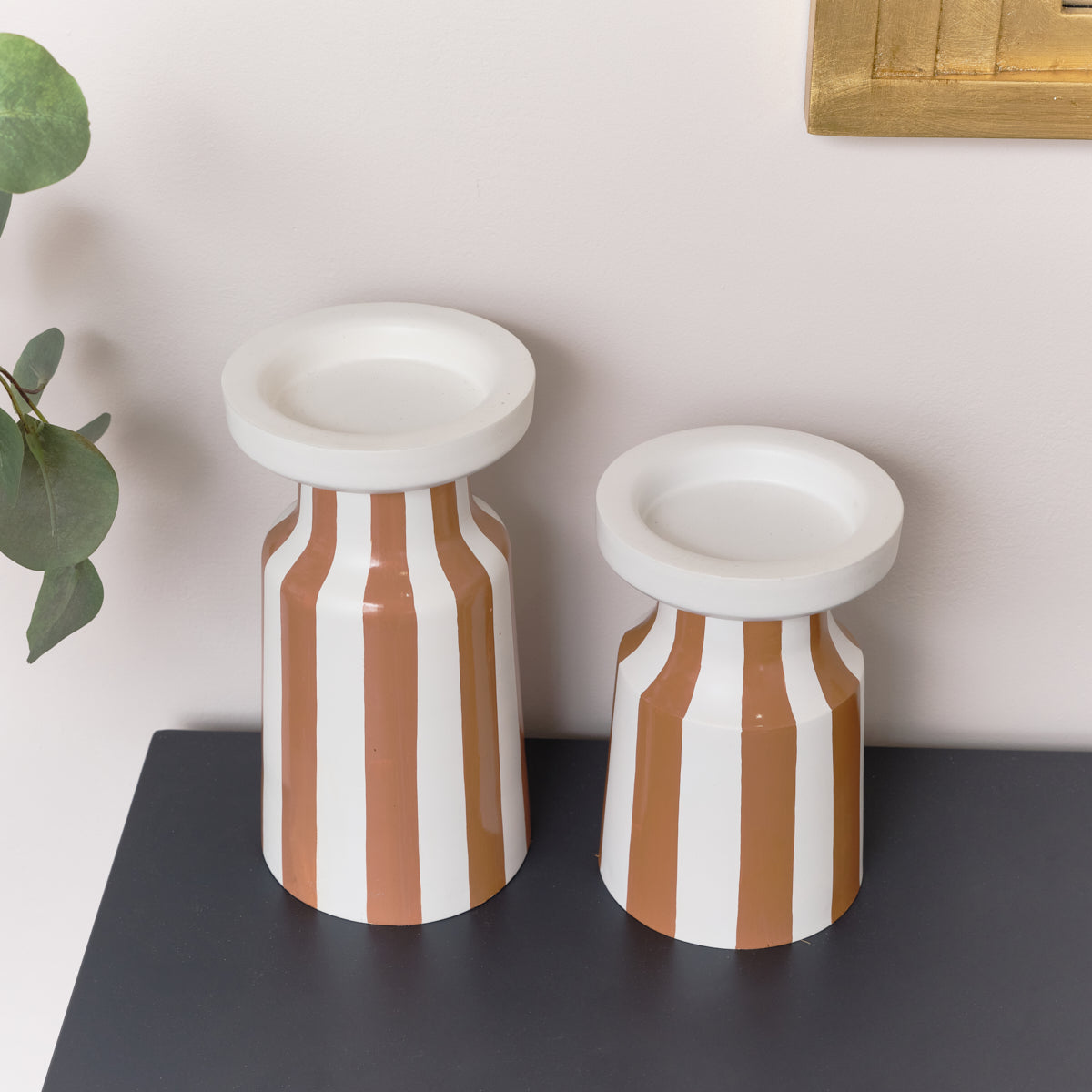 Large Burnt Orange Striped Pillar Candle Holder - 28cm