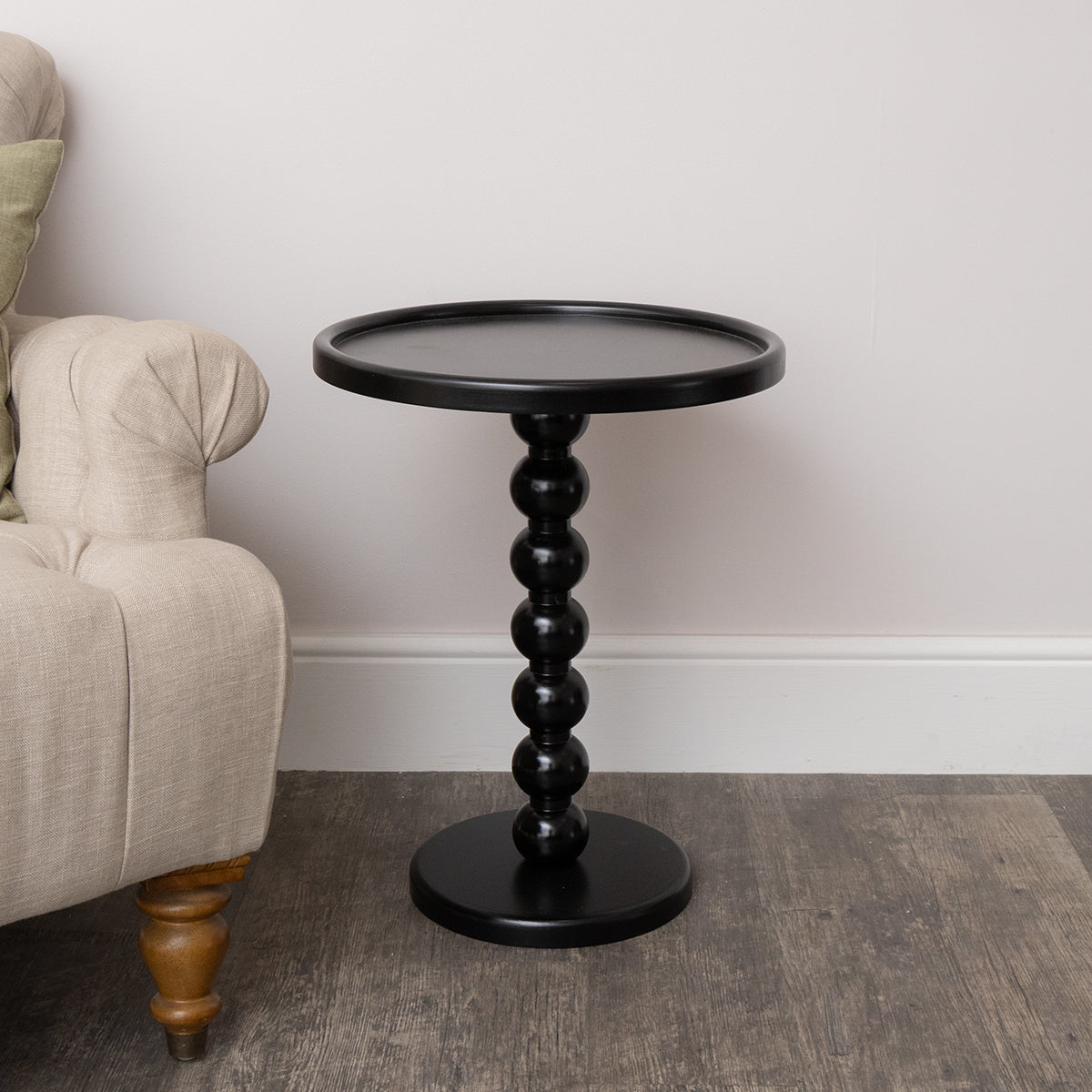 Black Painted Round Wooden Bobble Side Table - 45cm x 56.5cm