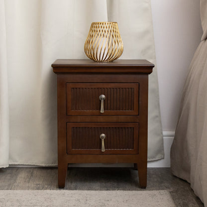 Dark Brown Wooden Reeded 2 Drawer Bedside Table - Georgian Range