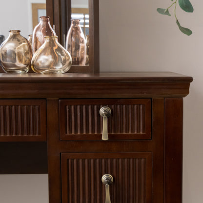 Dark Brown Wooden Reeded Dressing Table, Mirror Set & Pair of Bedside Tables - Georgian Range