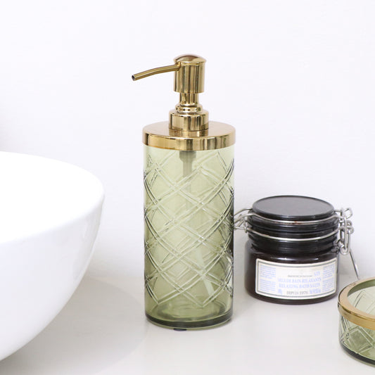  Green Patterned Soap Dispenser with Gold Rim 