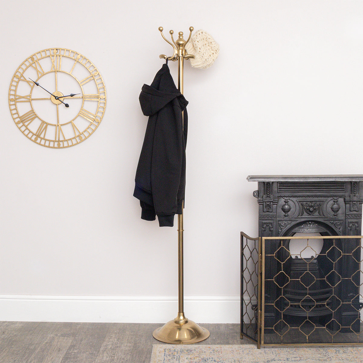 Tall Shiny Antique Gold Metal Coat Rack with 8 Storage Hooks