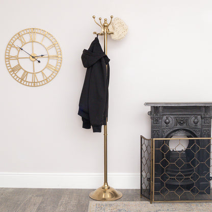 Tall Shiny Antique Gold Metal Coat Rack with 8 Storage Hooks