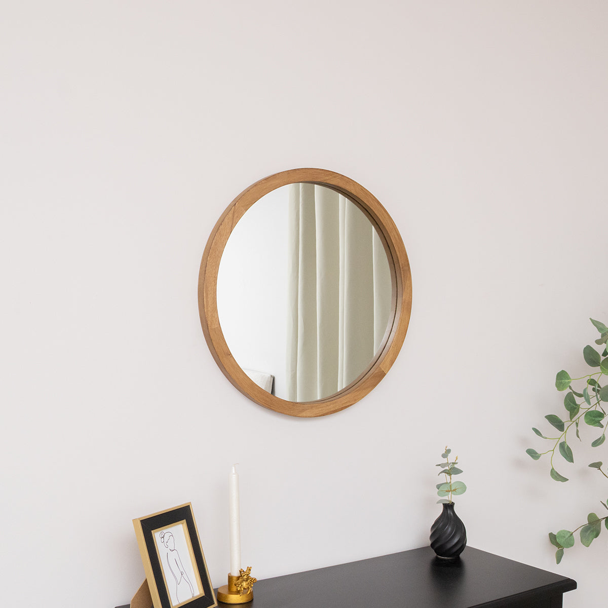 Round Dark Wood Frame Mirror - 55cm