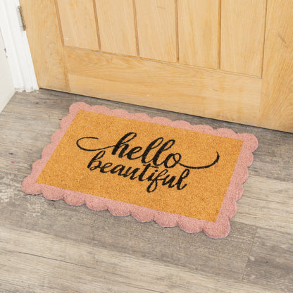 "Hello Beautiful" Pink Scalloped Coir Doormat