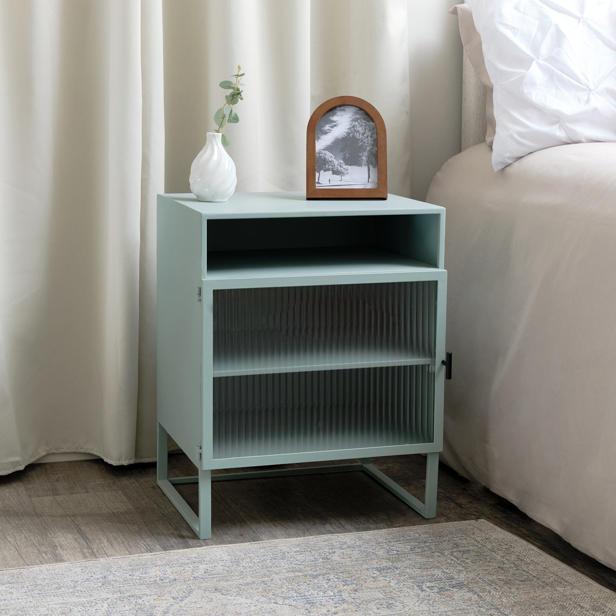 Pair of Pale Blue Reeded Glass Bedside Tables