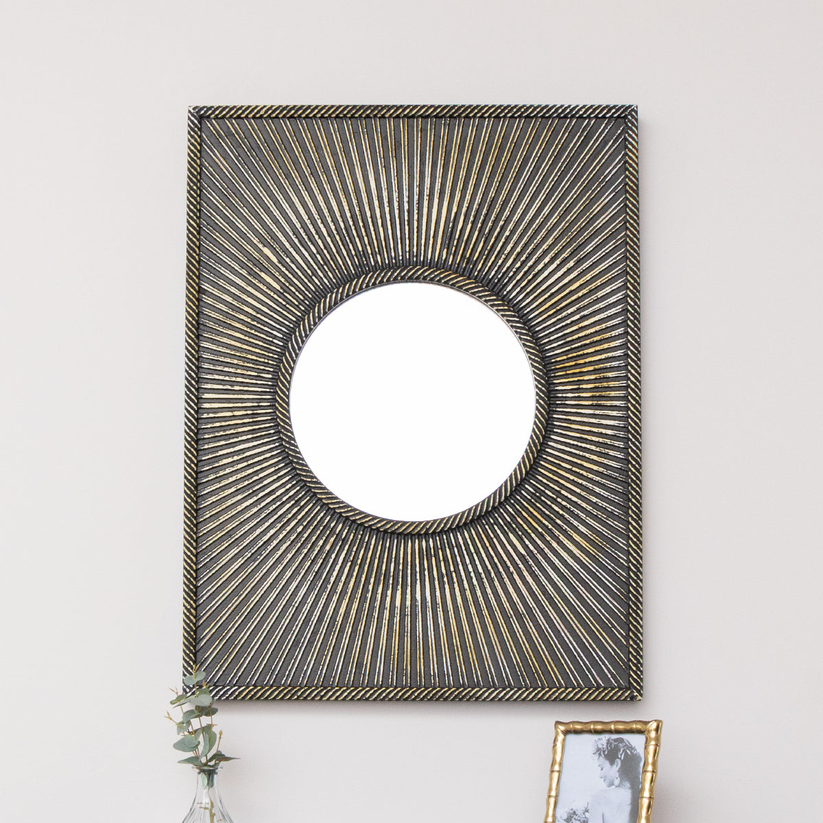 Distressed Black Rectangular Wooden Sunburst Wall Mirror - 60cm x 80cm