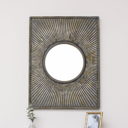 Distressed Black Rectangular Wooden Sunburst Wall Mirror - 60cm x 80cm