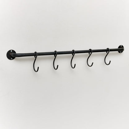 Black Industrial Wall Mounted Rail with 5 Storage Hooks