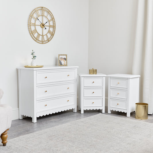  Large 3 Drawer Chest of Drawers & Pair of Bedside Tables - Staunton White Range 