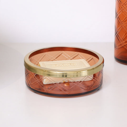  Rust Orange Patterned Glass Soap Dish with Gold Rim 