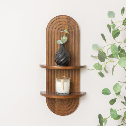 Dark Wood 2 Tier Arched Fluted Wall Shelf - 30cm x 60cm