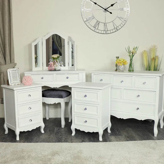  White Bedroom Furniture Large Chest of Drawers, Dressing Table Set & Pair of Bedside Tables - Victoria Range 