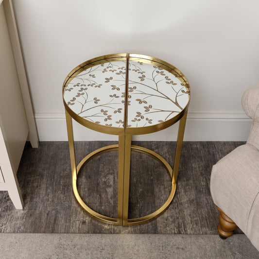  Gold Set of 2 Semi Circle Printed Mirrored Side Table 