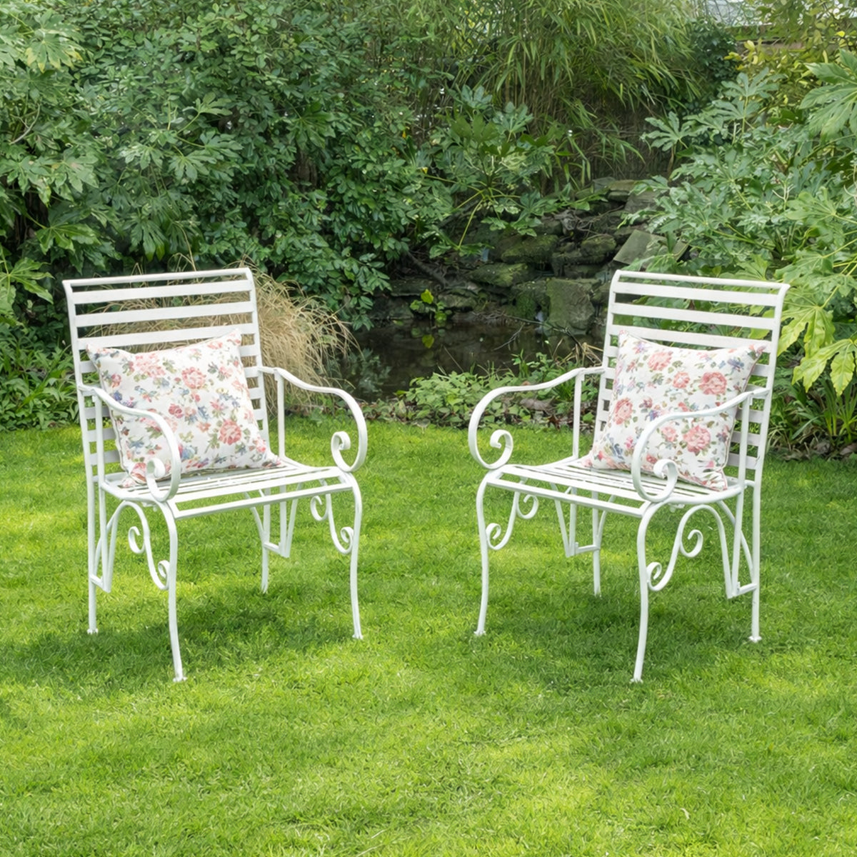 Ornate Metal White Round Garden Table & Set of 2 Ornate Garden Chairs