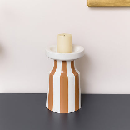 Burnt Orange Striped Pillar Candle Holder - 18cm