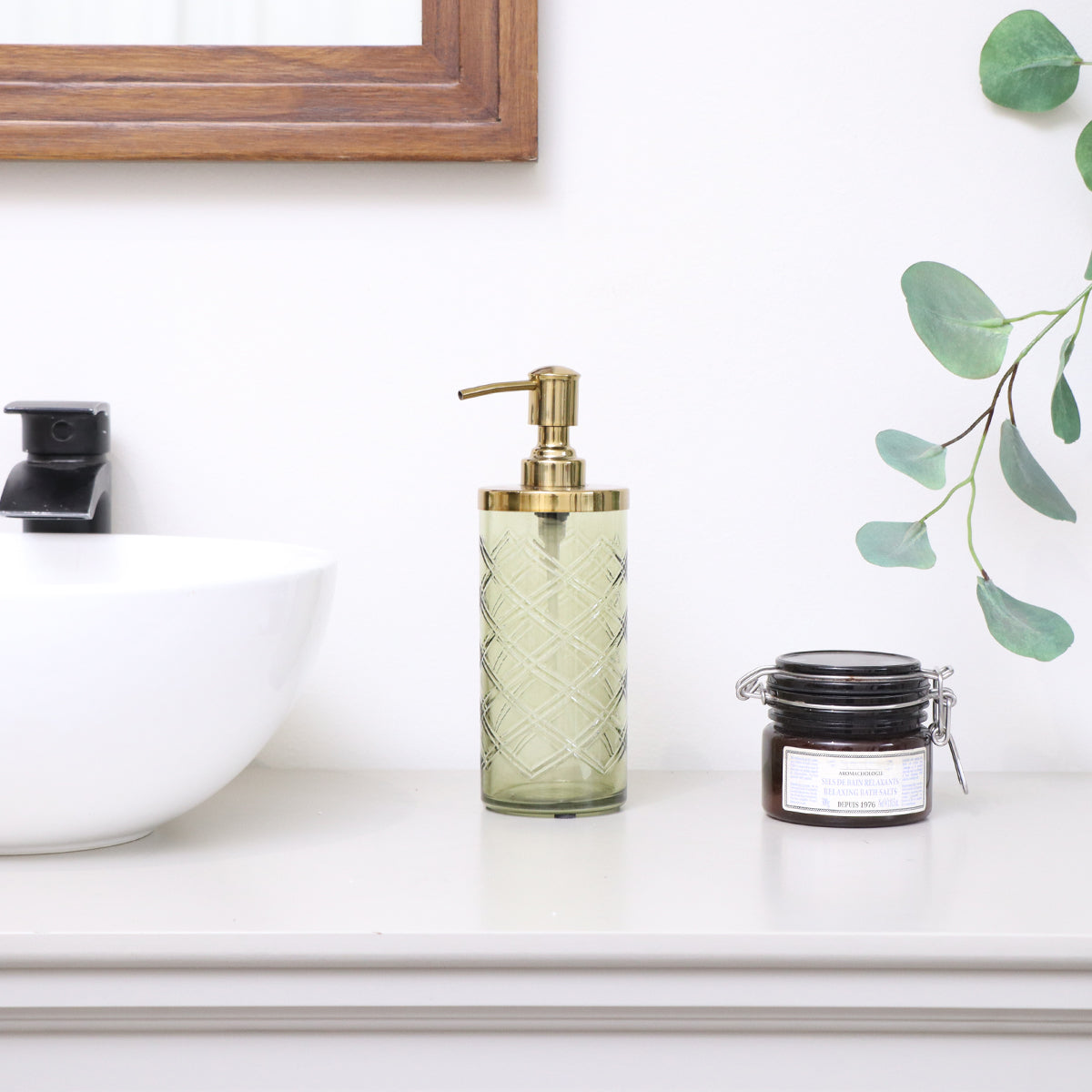 Green Patterned Soap Dispenser with Gold Rim
