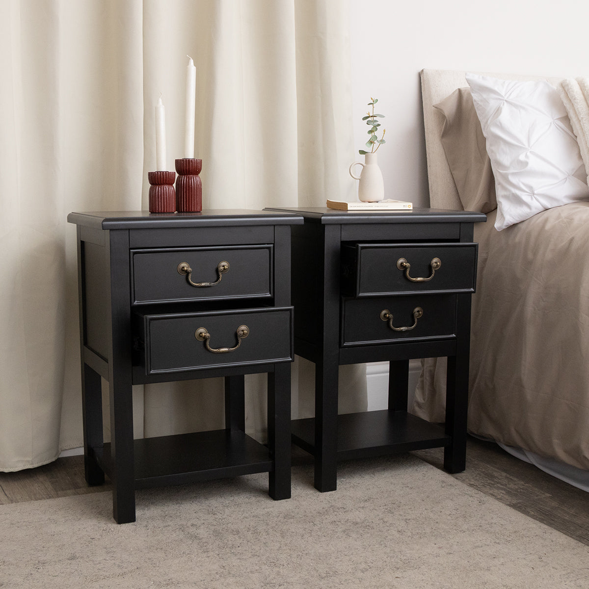 Bedside Tables & Cabinets | Pair Of Large 3 Drawer Bedside Tables - Hales Black Range | Melody Maison