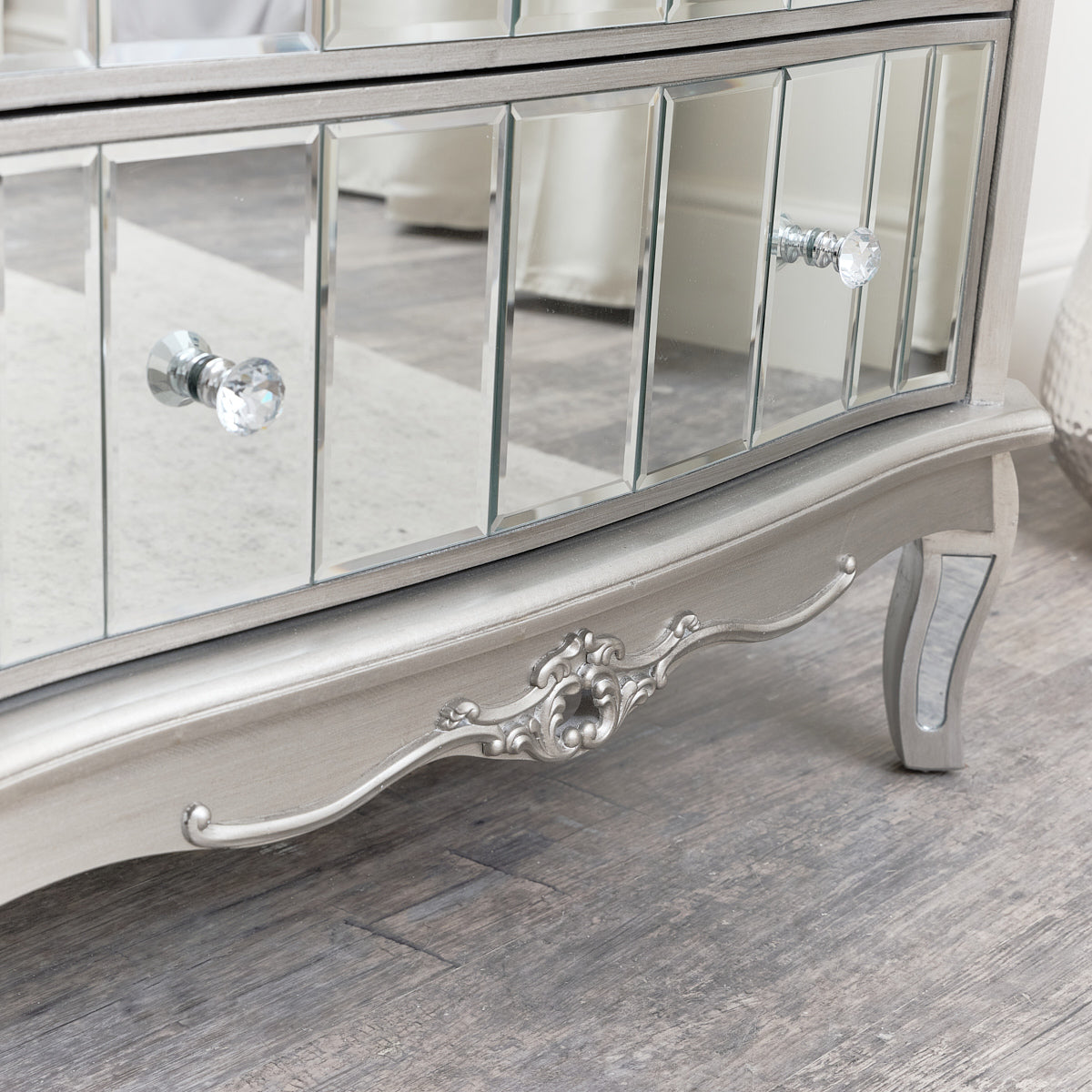 Silver Mirrored Chest of Drawers & Pair of 3 Drawer Bedside Tables - Tiffany Range