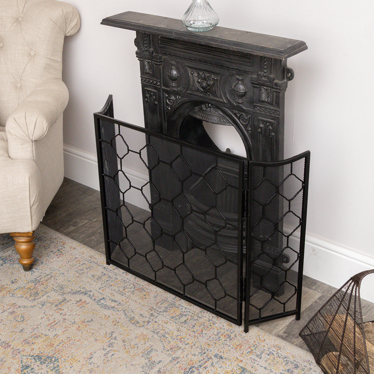 Black Geometric Detailed Metal Fire Screen - 106cm x 62.5cm