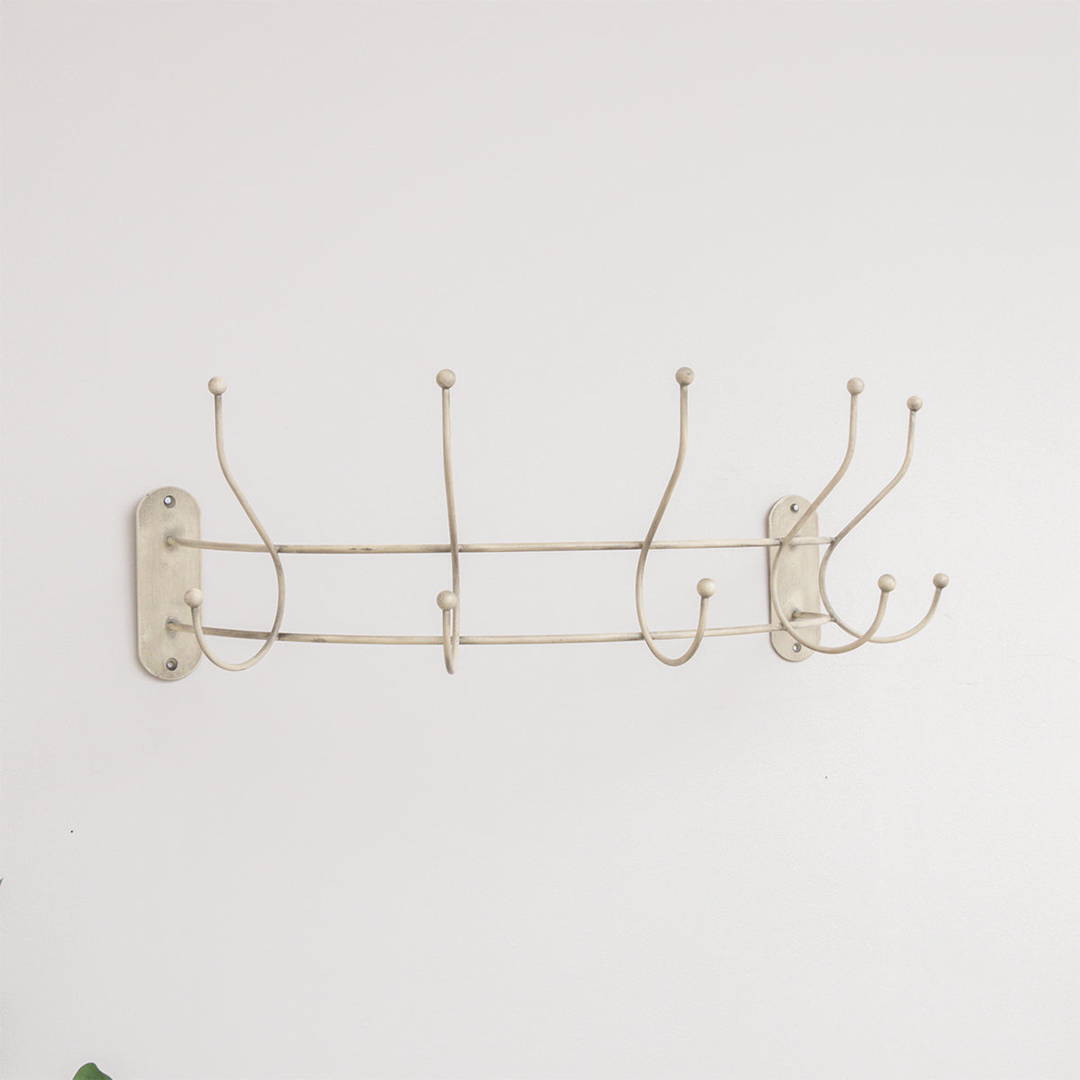 Antique Ivory Curved Coat Hanger Rail with 5 Storage Hooks - 60cm