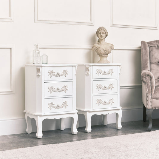  Pair of Antique White 3 Drawer Bedside Tables - Pays Blanc Range 