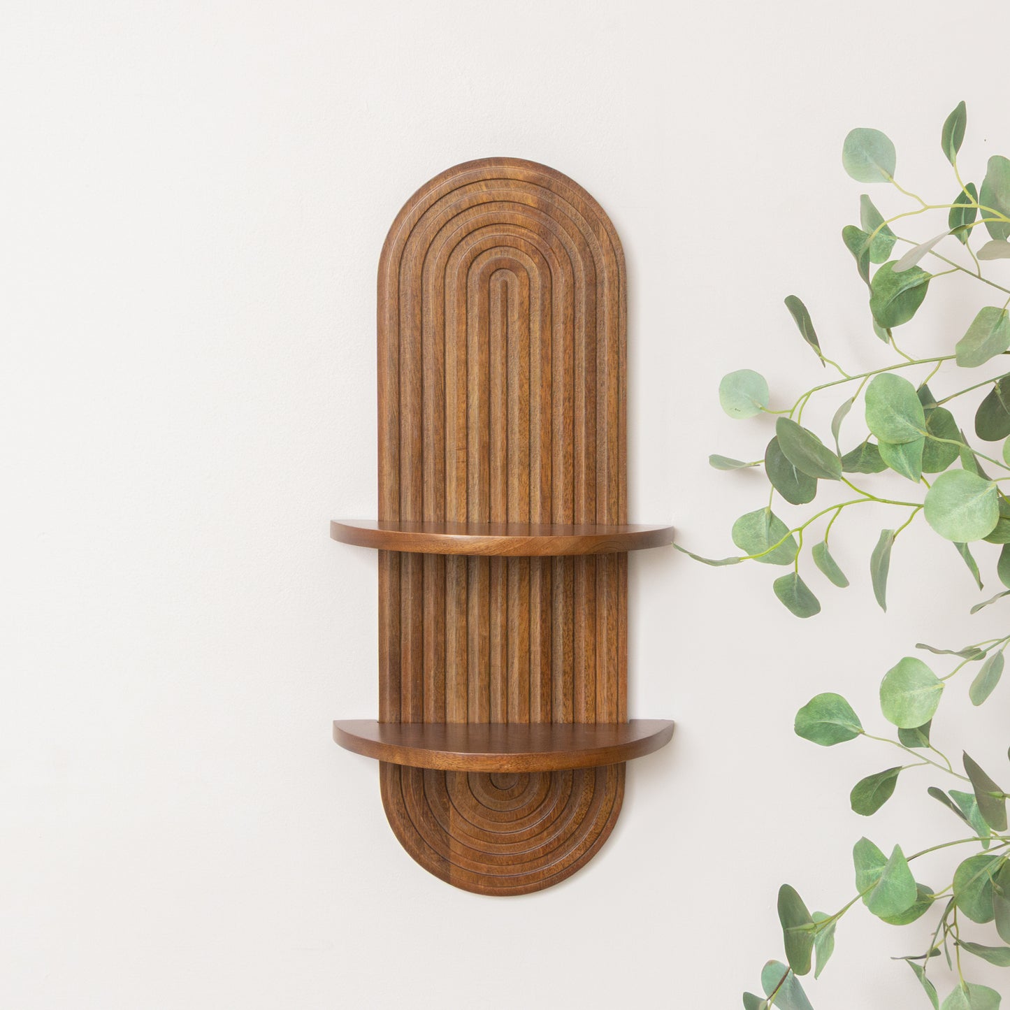 Dark Wood 2 Tier Arched Fluted Wall Shelf - 30cm x 60cm