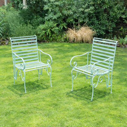 Set of 2 Ornate Metal Sage Green Garden Chairs - 55cm x 92cm