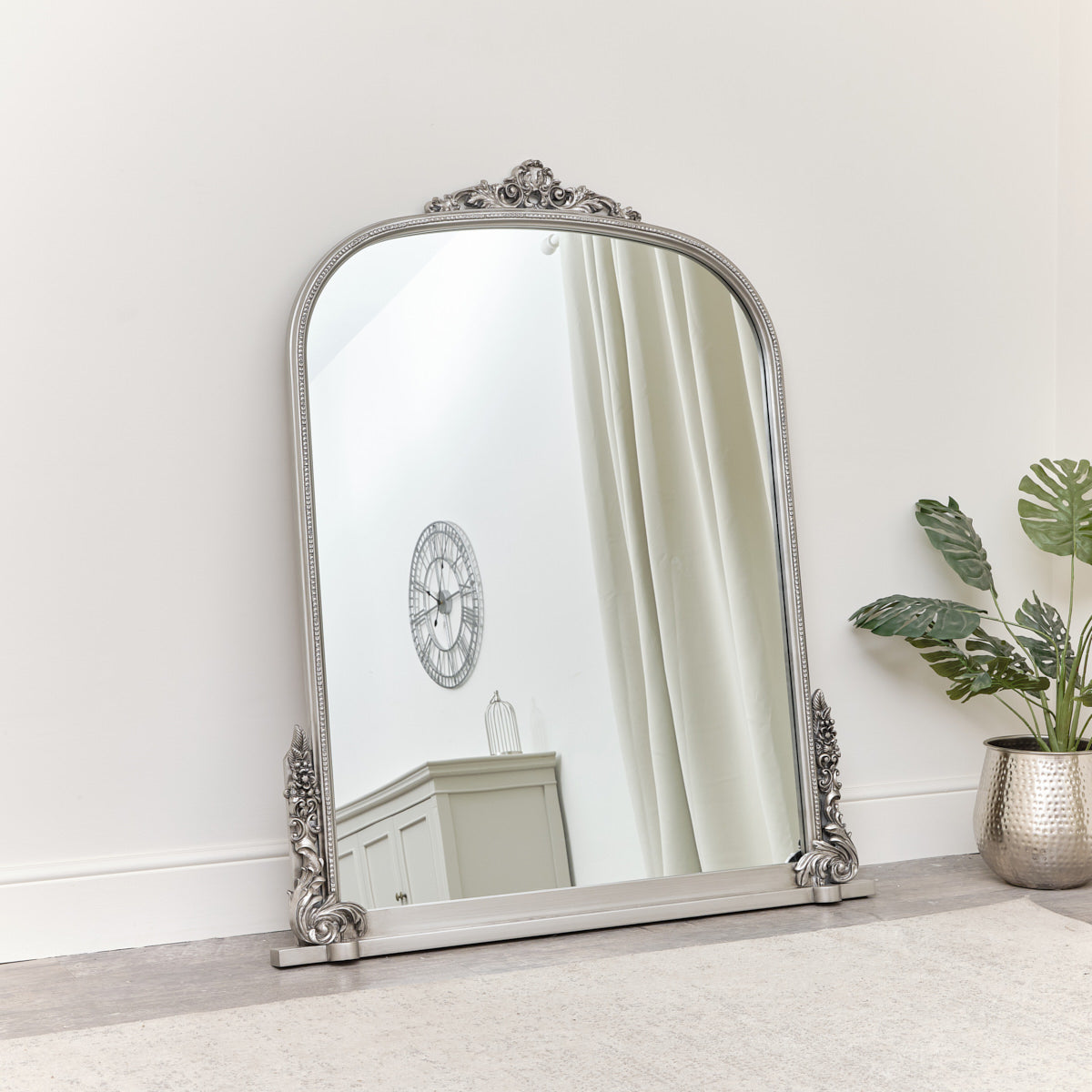 Extra Large Arch Antique Silver Ornate Overmantle Mirror - 152cm x 128cm
