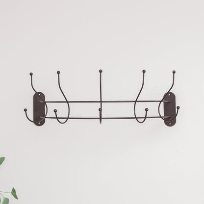 Antique Dark Bronze Curved Coat Hanger Rail with 5 Storage Hooks - 60cm