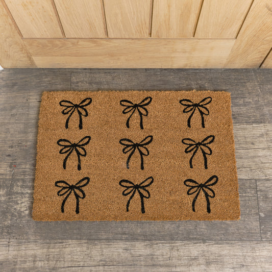  Black Bow Detail PVC Backed Coir Doormat 60cm x 40cm 