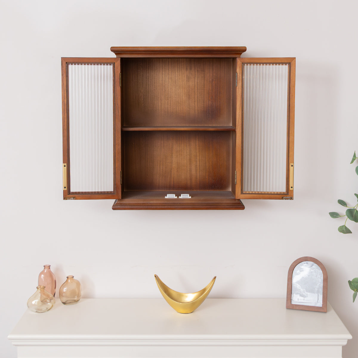 Wooden Reeded Glass Wall Cabinet