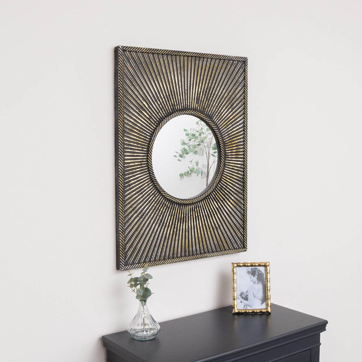 Distressed Black Rectangular Wooden Sunburst Wall Mirror - 60cm x 80cm