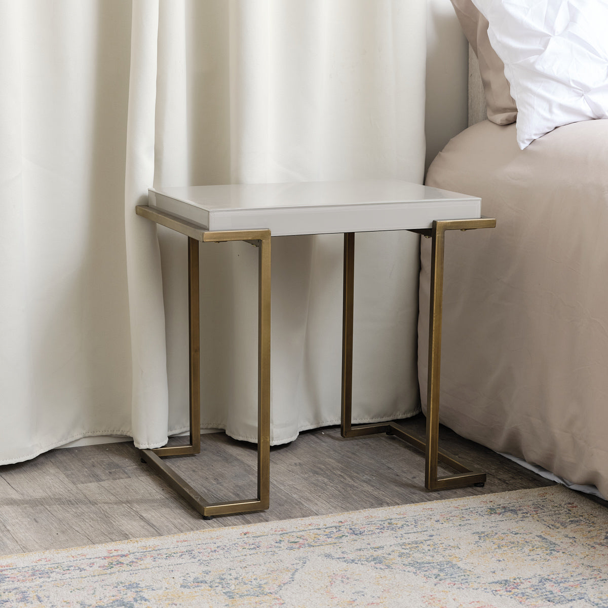 Rectangular Metal Taupe Grey and Gold Framed Side Table