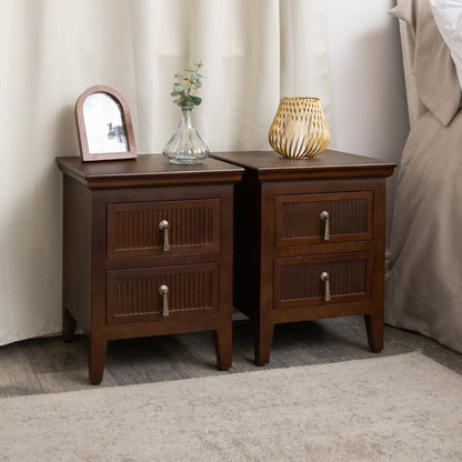 Dark Brown Wooden Reeded Chest of 3 Drawers, Dressing Table, Mirror Set & Pair of Bedside Tables - Georgian Range