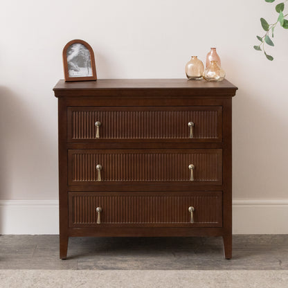3 Drawer Dark Brown Wooden Reeded Chest of Drawers - Georgian Range