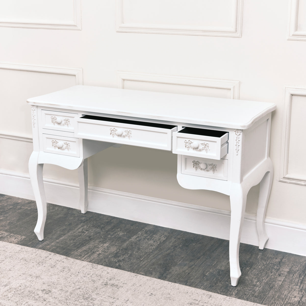 Antique White Dressing Table Desk with Triple Mirror and Stool - Pays Blanc Range