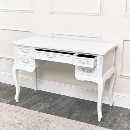 Antique White Dressing Table Desk with Triple Mirror and Stool - Pays Blanc Range