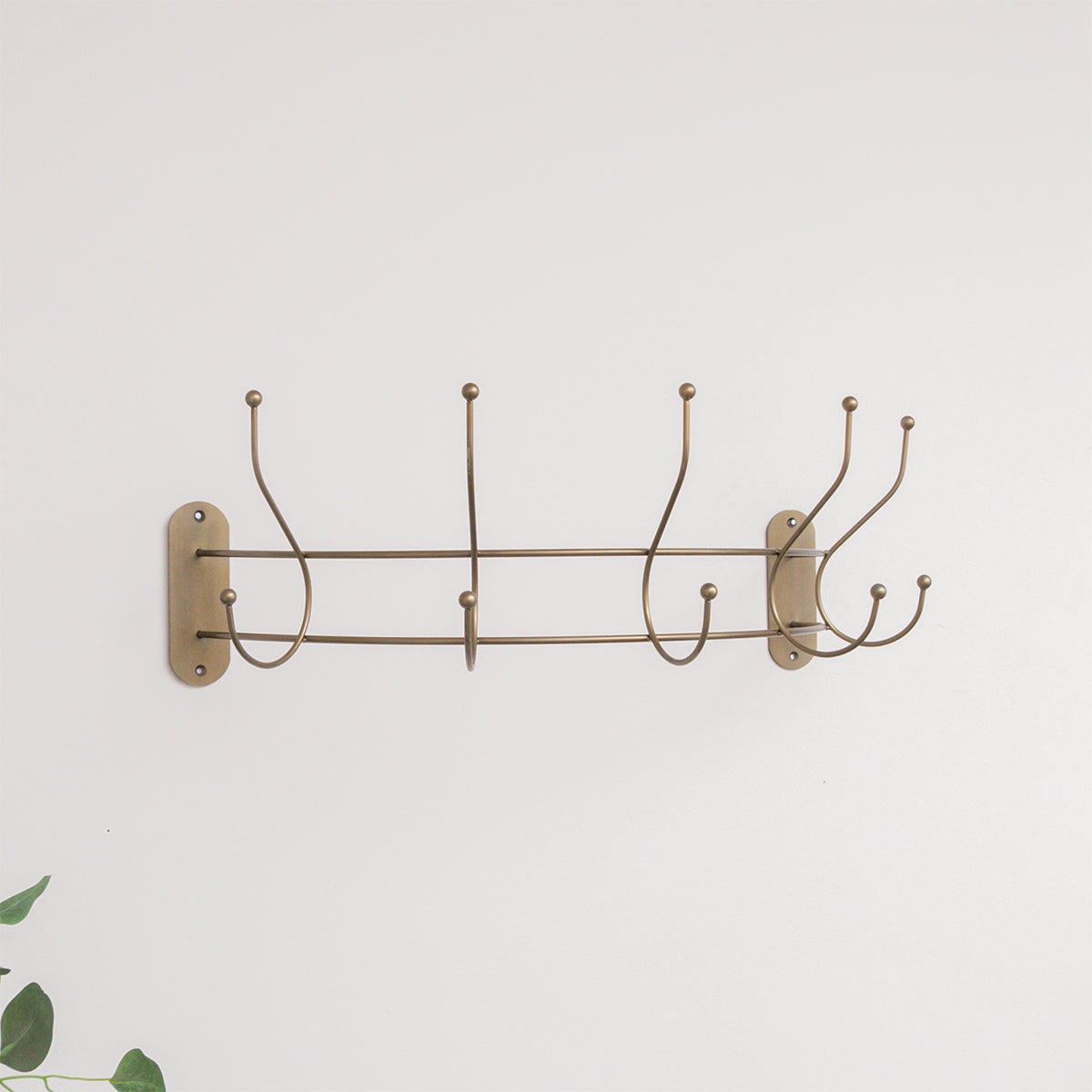 Antique Gold Curved Coat Hanger Rail with 5 Storage Hooks - 60cm
