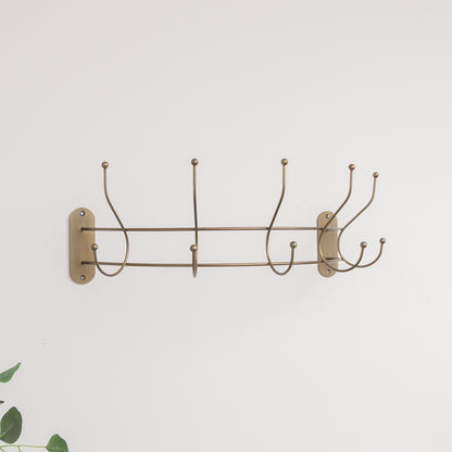 Antique Gold Curved Coat Hanger Rail with 5 Storage Hooks - 60cm